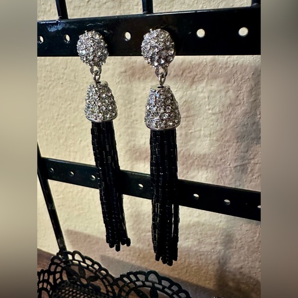 Source Unknown Jewelry - 🖤 Black Tassel Statement Earrings with Silver Rhinestone Accents
